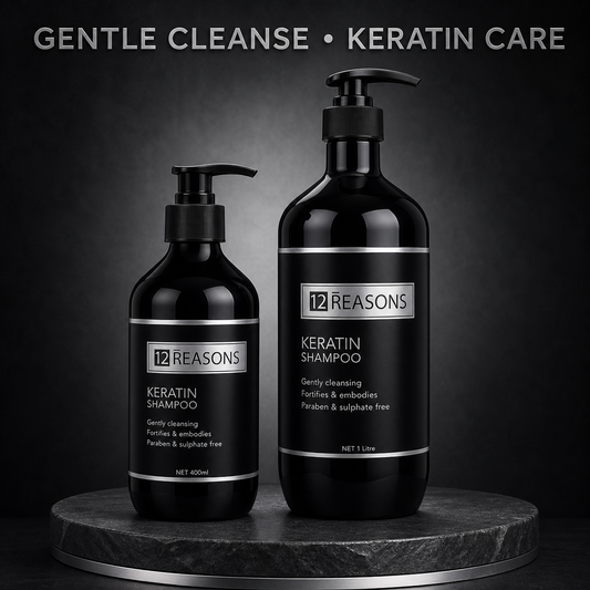 12 Reasons Keratin Shampoo 400ml and 1L bottles with gentle cleanse and keratin care benefit text