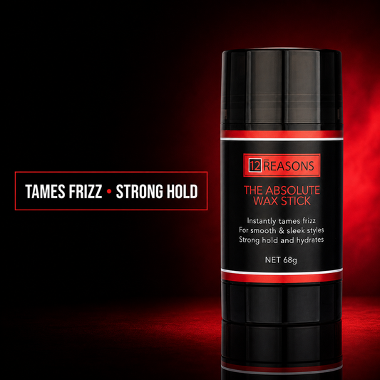 12 Reasons The Absolute Wax Stick 68g with tames frizz and strong hold benefit text