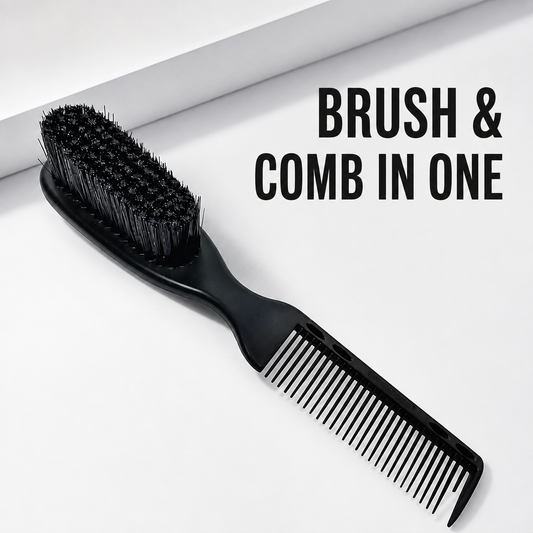 Black 2-in-1 Fade Brush and Comb with Brush & Comb in One benefit text