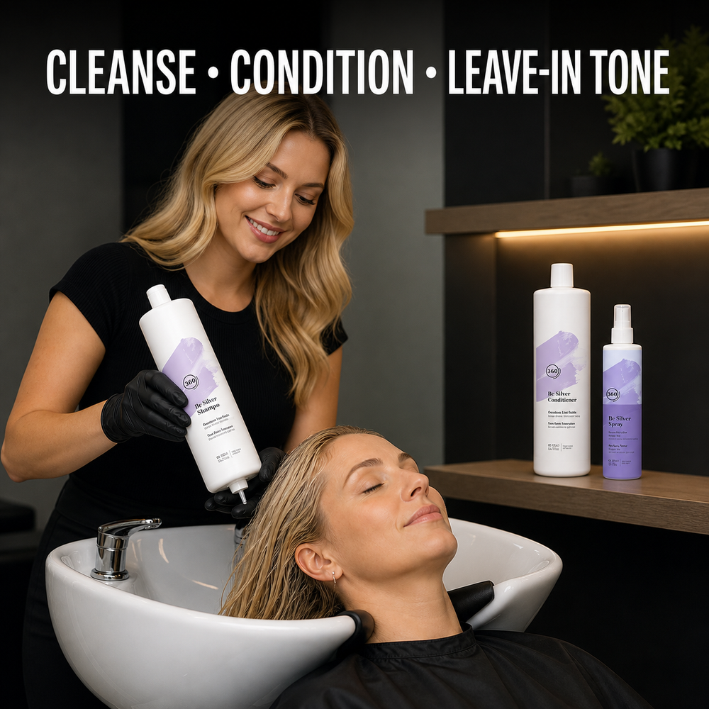 Salon use of 360 Be Silver shampoo conditioner and leave-in toner