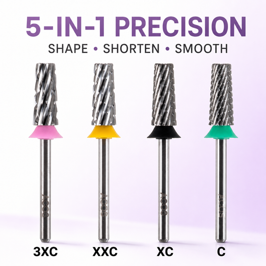 ACOS 5 in 1 Cross Cut 001 carbide nail drill bits showing four coarseness grades and precision benefits
