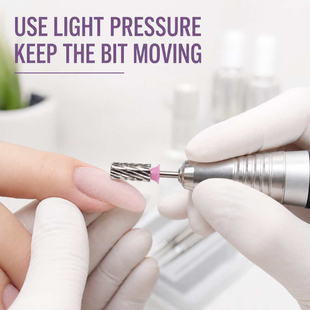 How to use ACOS 5 in 1 Cross Cut 001 nail drill bit with light pressure on an artificial nail