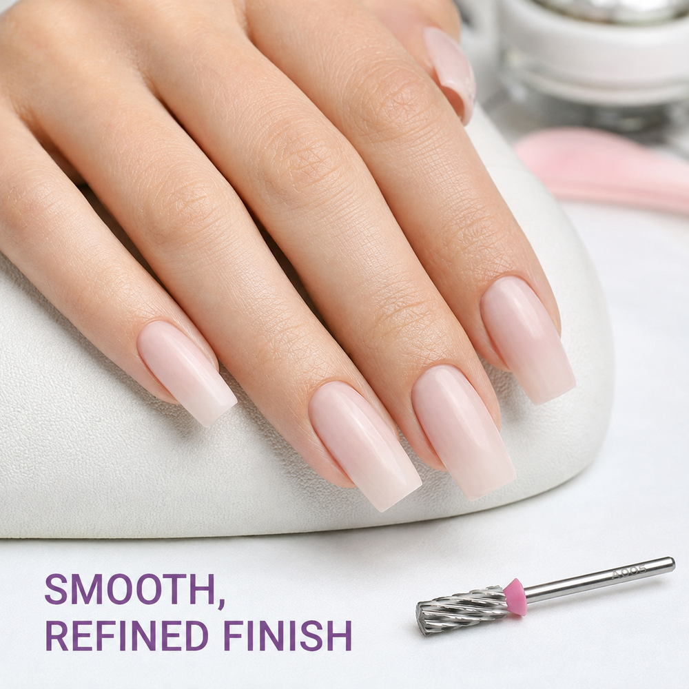Smooth refined artificial nail finish achieved with ACOS 5 in 1 Cross Cut 001 carbide drill bit