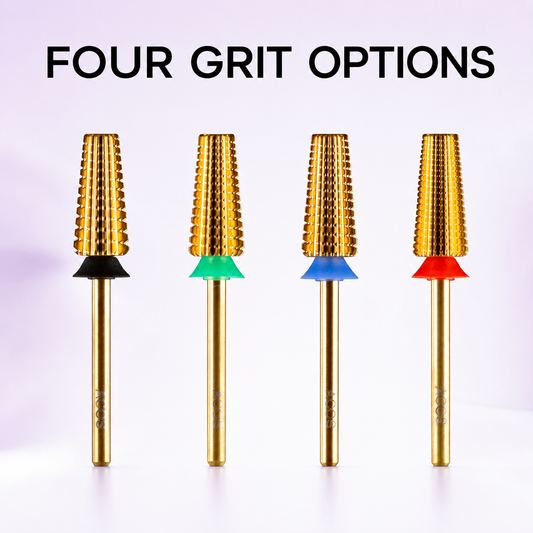 ACOS straight-cut nail drill bit range with Four Grit Options benefit text