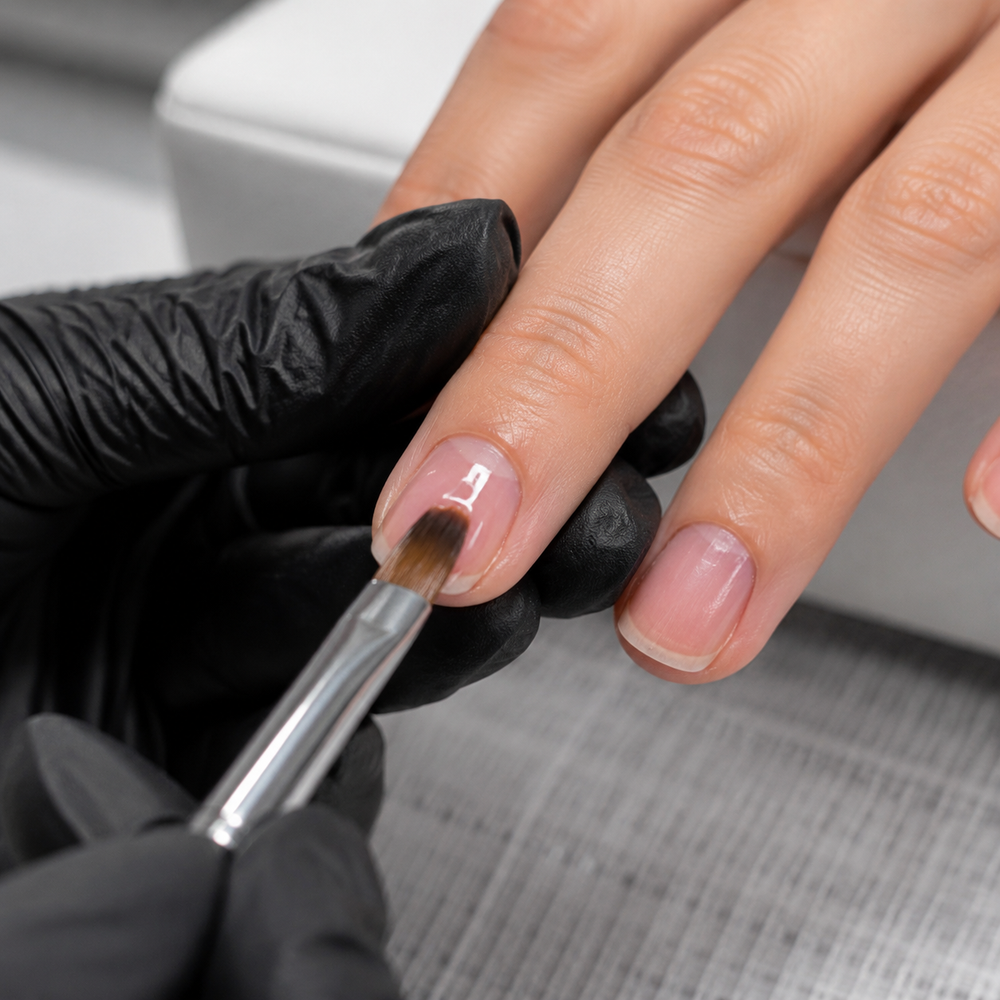 Nail technician safely applying builder gel to a natural nail overlay