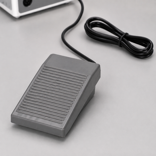 Grey ribbed foot pedal and cable included with the ACOS CUBE nail e-file