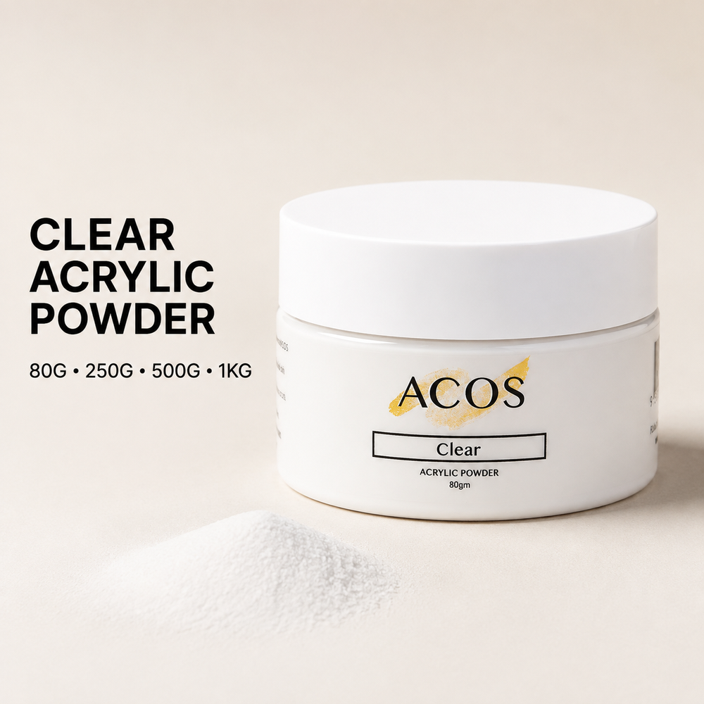 ACOS Clear Acrylic Powder with available 80g, 250g, 500g and 1kg sizes
