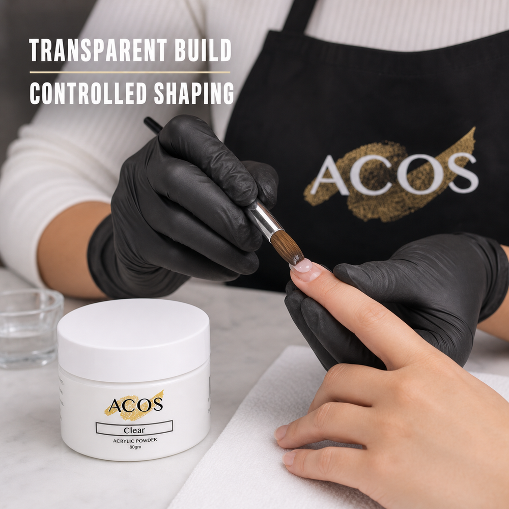 Nail technician applying ACOS Clear Acrylic Powder for transparent controlled shaping