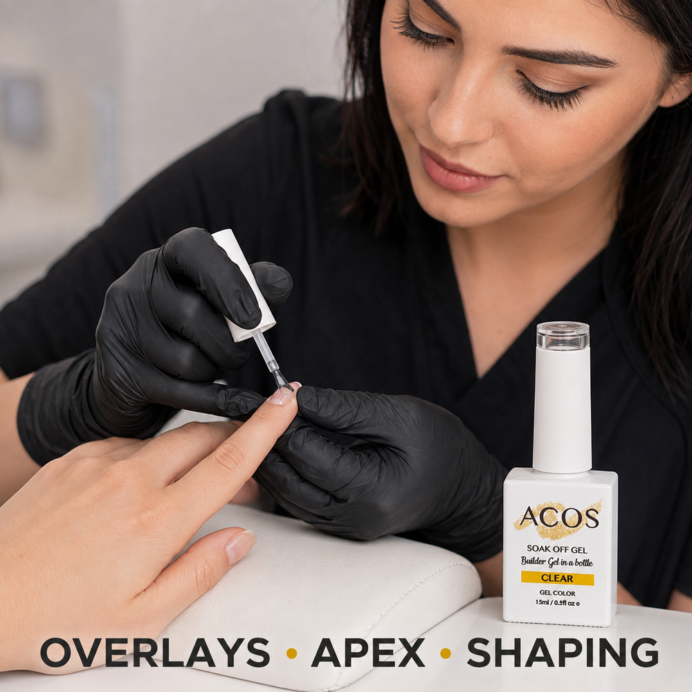 Nail technician applying ACOS Clear Builder Gel for overlays, apex and shaping