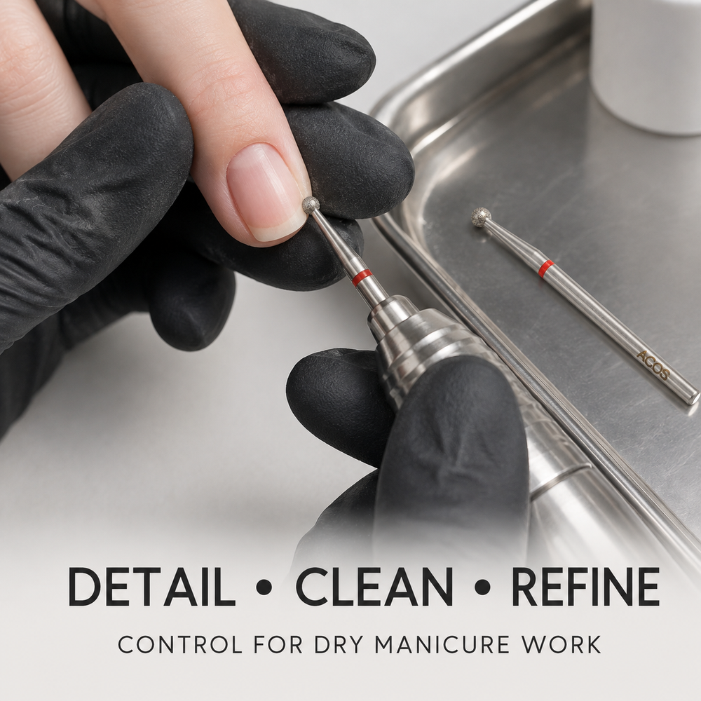 Professional dry manicure detailing with the ACOS Bit047 diamond ball nail drill bit