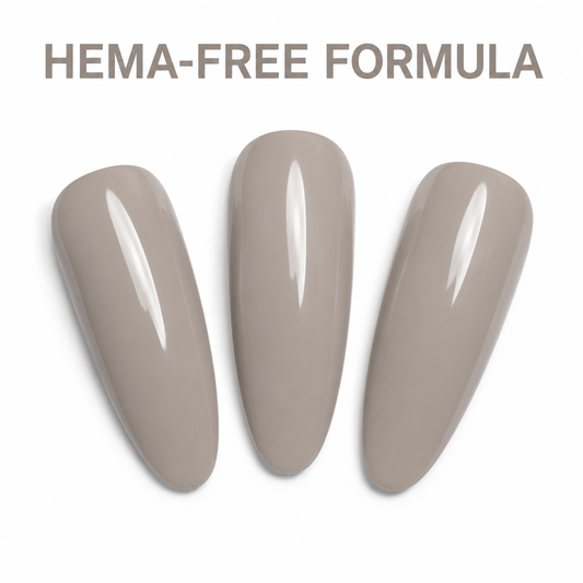ACOS HF022 warm taupe-grey nail swatches with HEMA-Free Formula benefit text