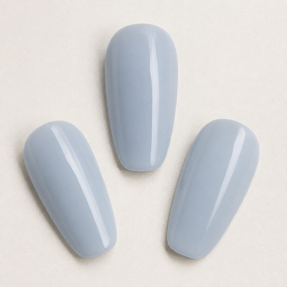 ACOS Light Grey Blue 068 shown on three glossy nail swatch tips