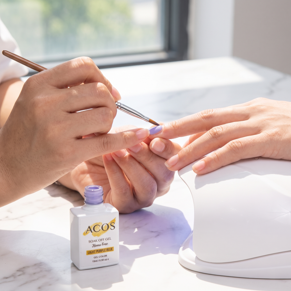 Nail technician applying ACOS Light Purple Blue gel