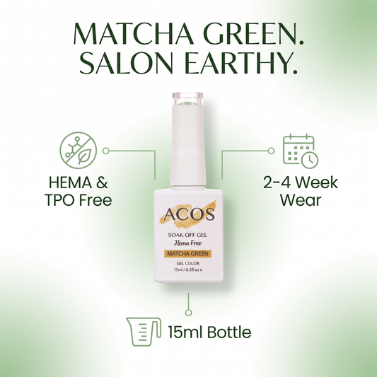 ACOS Matcha Green 031 gel polish feature graphic with green manicure