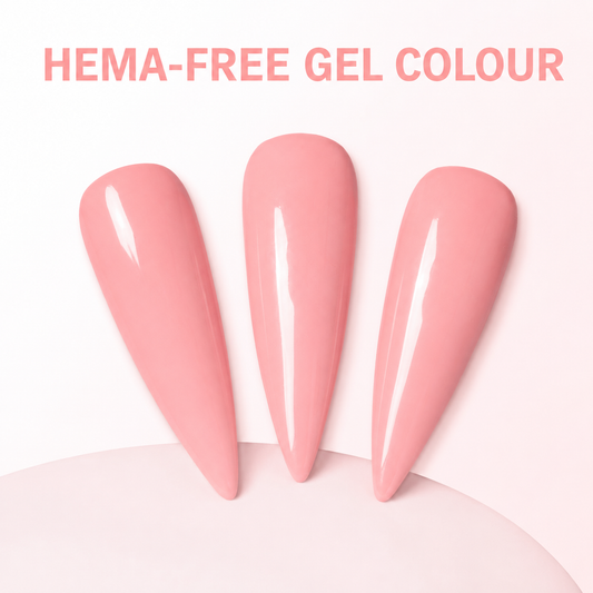 ACOS HF018 nude-pink gel swatches with HEMA-Free Gel Colour benefit text