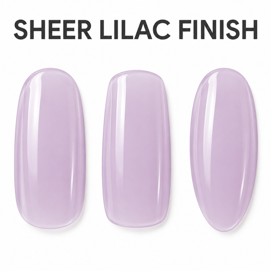 ACOS HF062 sheer lilac nail swatches with Sheer Lilac Finish benefit text