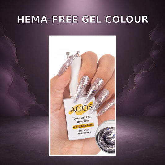 ACOS HF091 HEMA-free gel colour benefit graphic with Glitter Dark Purple bottle and manicure