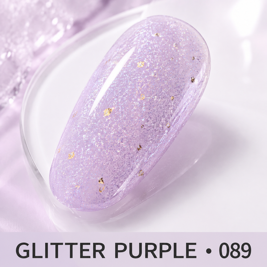 ACOS Glitter Purple 089 artificial nail swatch with pale lavender sparkle and gold flakes