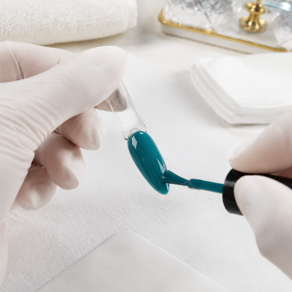 Professional application of ACOS Green 056 gel to a nail swatch