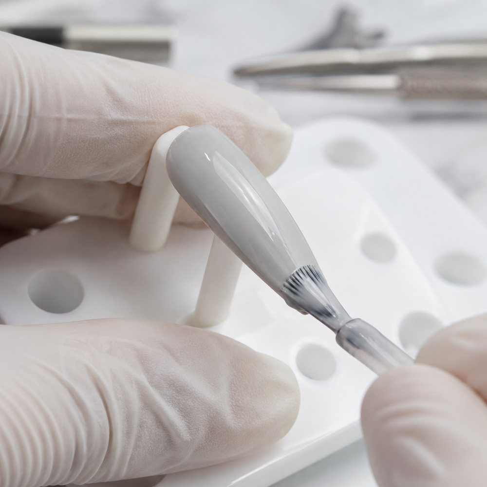 Professional applying ACOS Light Grey 037 gel colour to an artificial practice tip