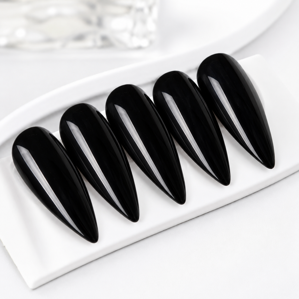 Five ACOS HF098 Super Black nail swatches with glossy black coverage