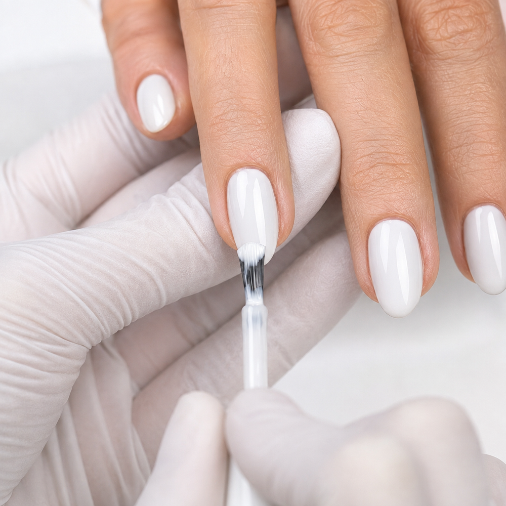Professional application of ACOS Super White 097 gel polish