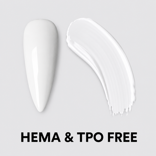 ACOS Super White 097 gel swatch with HEMA- and TPO-free benefit text