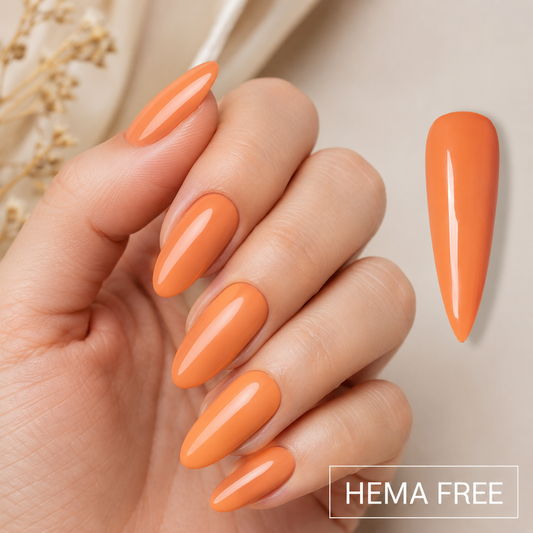 ACOS HEMA-free Mature Orange 067 gel colour manicure with matching glossy swatch