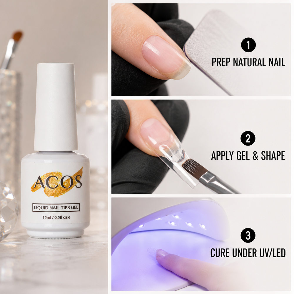 How to prep apply shape and UV LED cure ACOS Liquid Nail Tips Gel 15ml