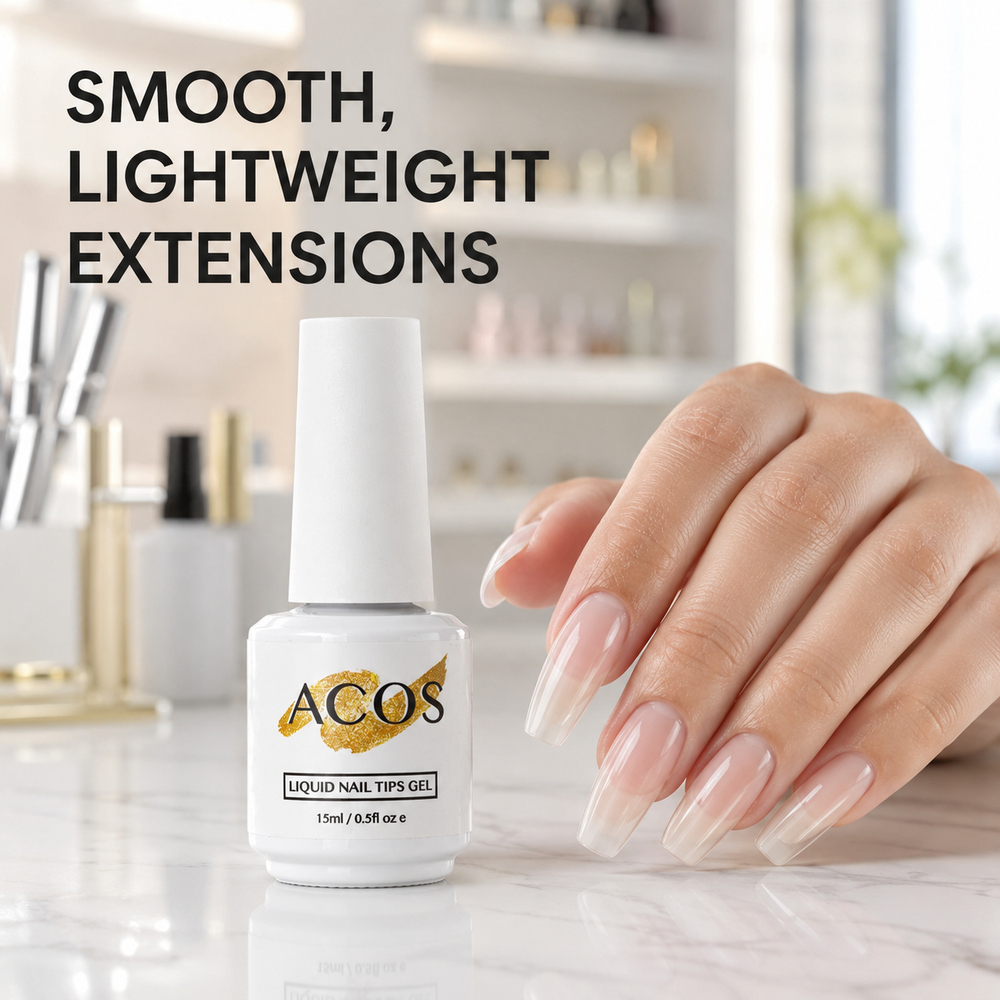 Smooth lightweight natural nail extensions created with ACOS Liquid Nail Tips Gel 15ml