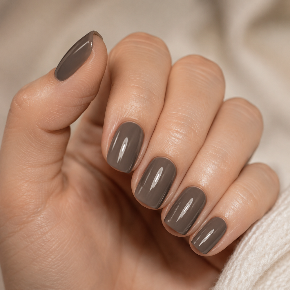 Finished glossy Dark Clay 063 gel manicure