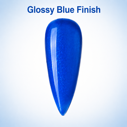 ACOS Glossy Blue 100 nail swatch with glossy blue finish callout