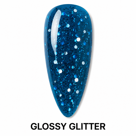 ACOS Glossy Blue 101 benefit graphic with transparent blue glitter nail swatch