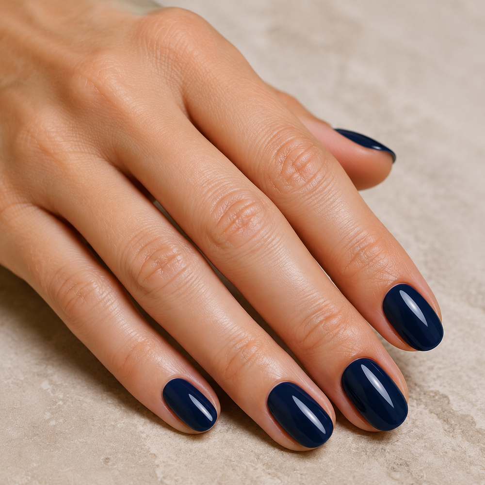 Finished manicure in ACOS Glossy Dark Blue 095 gel polish.
