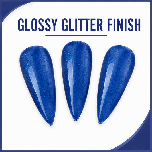ACOS Gel098 glossy glitter-blue swatches with Glossy Glitter Finish benefit text