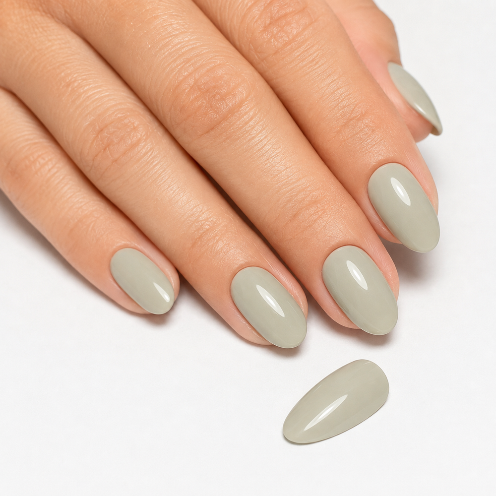 ACOS Gel069 glossy light green-grey manicure with matching nail swatch detail