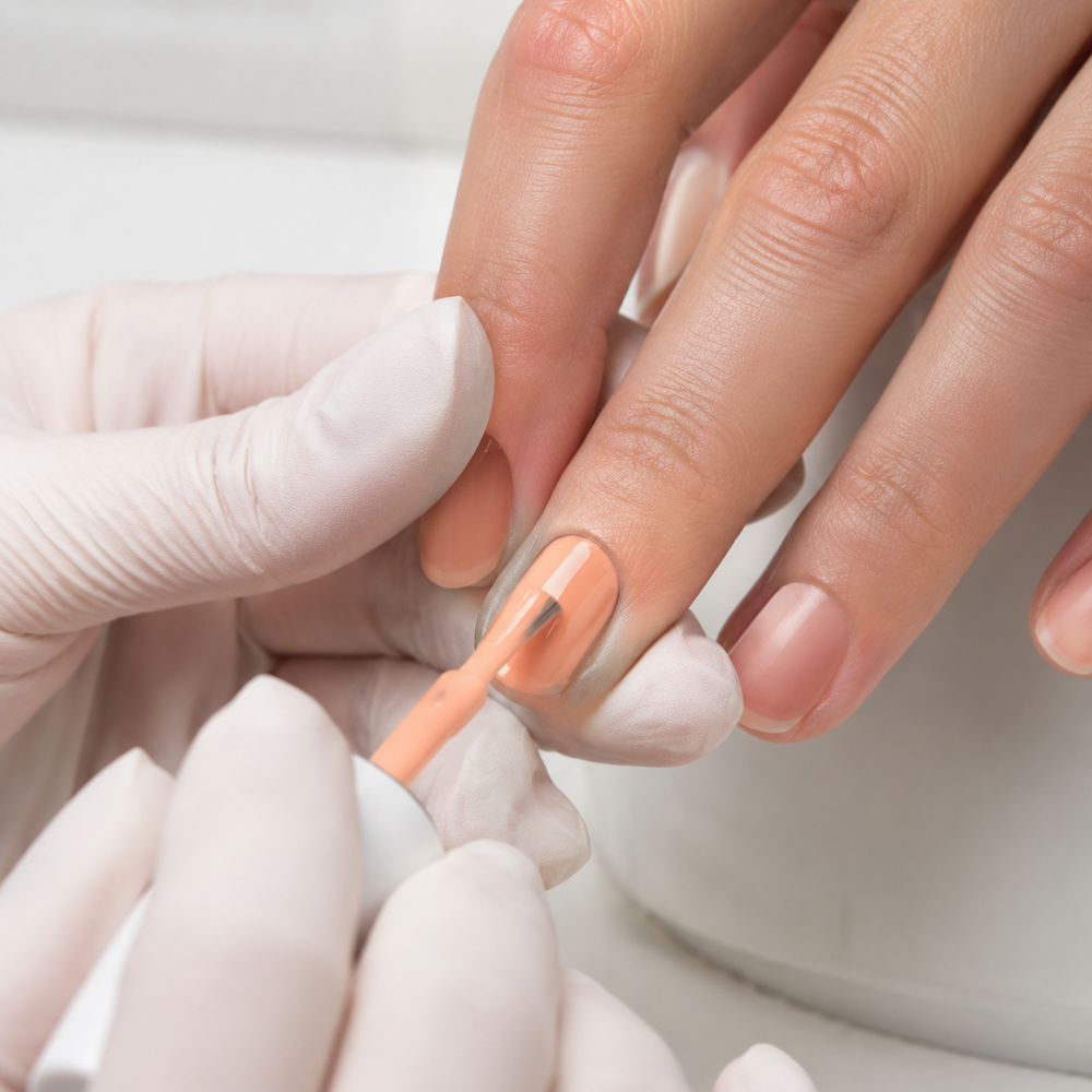 Professional applying ACOS Milky Orange 048 gel polish
