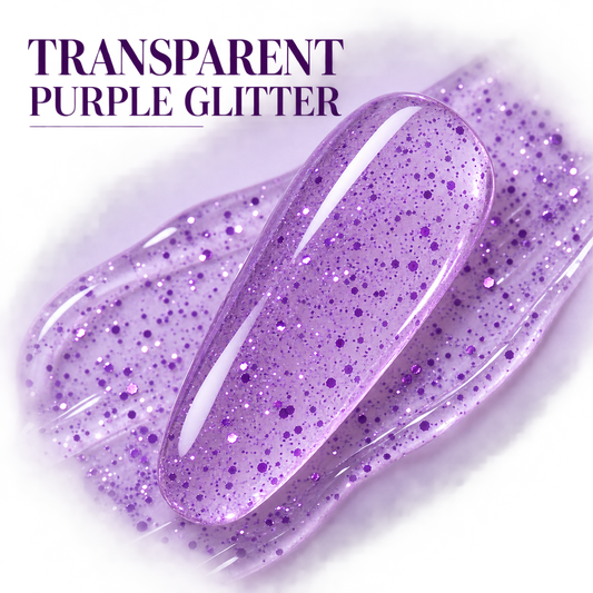 ACOS 082 Transparent Glitter Purple gel swatch with transparent purple-glitter benefit text