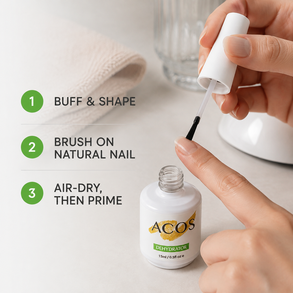 How to buff apply and air-dry ACOS Nail Dehydrator 15ml before nail primer
