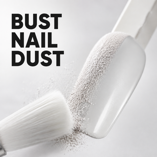 ACOS Nail Dust Buster graphic showing filing dust cleared from a practice nail