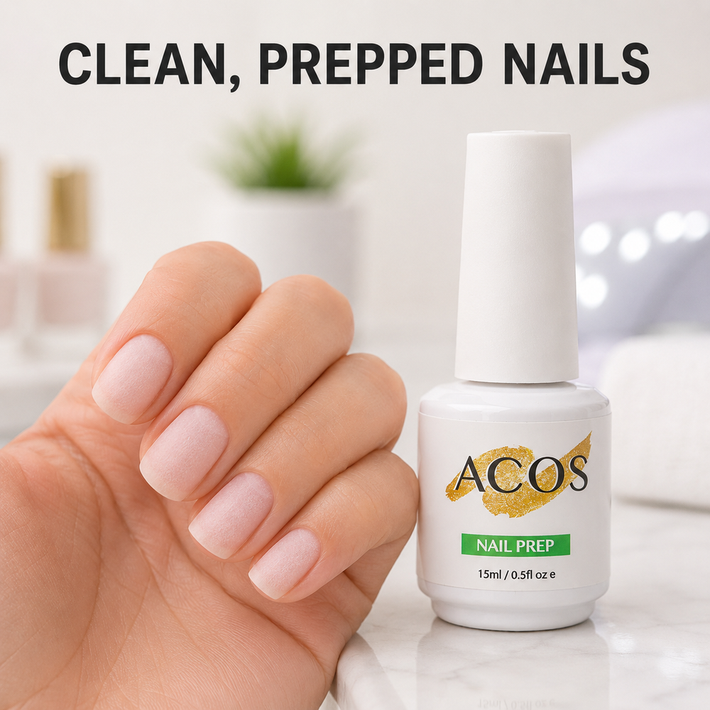 Clean chalky prepped natural nails beside ACOS Nail Prep 15ml
