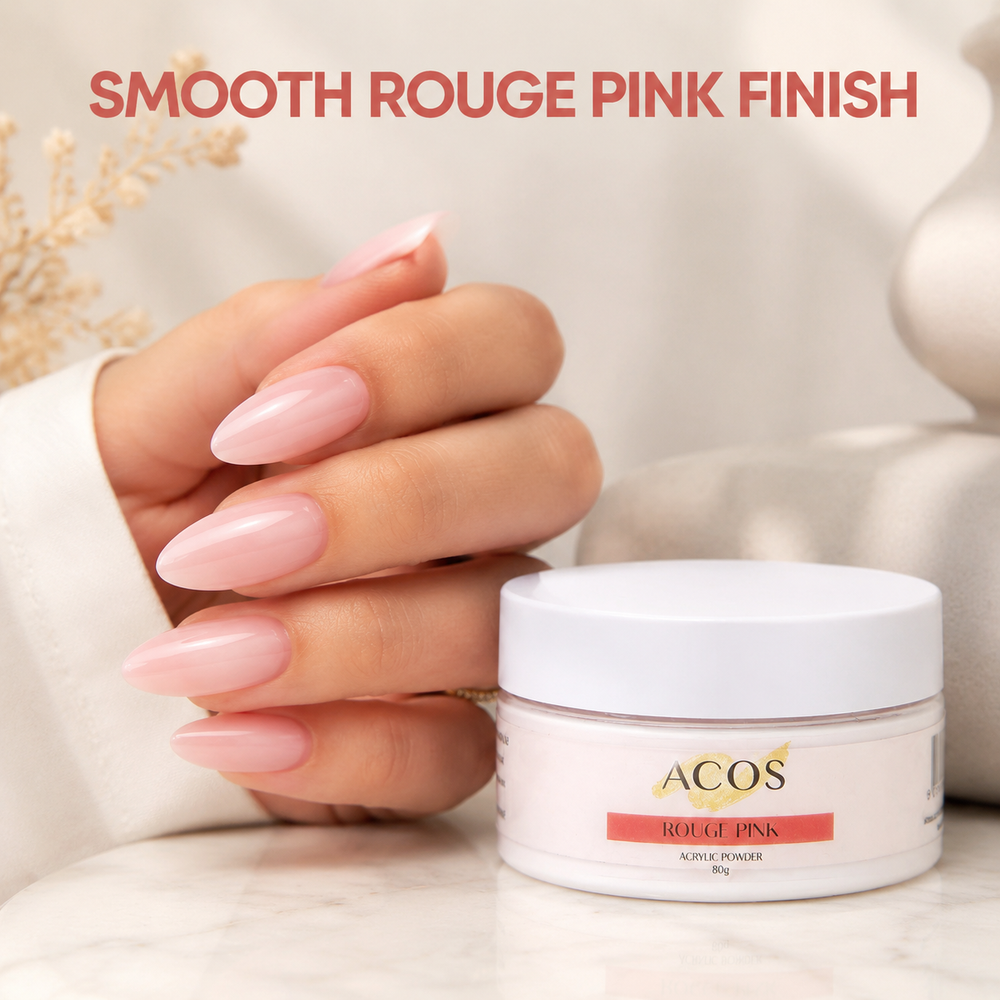Smooth soft-pink acrylic nail finish using ACOS Rouge Pink Powder 80g