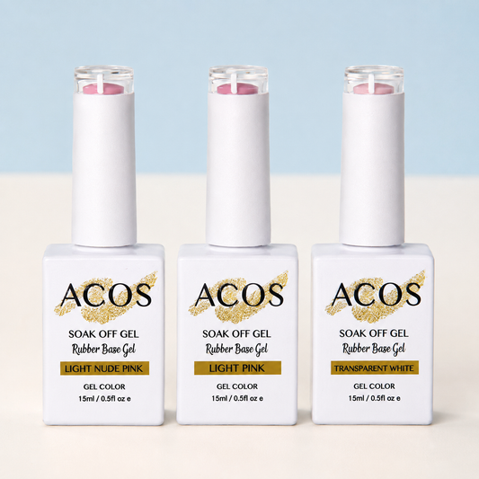 ACOS Rubber Base Gel kit bottle detail in three verified shades
