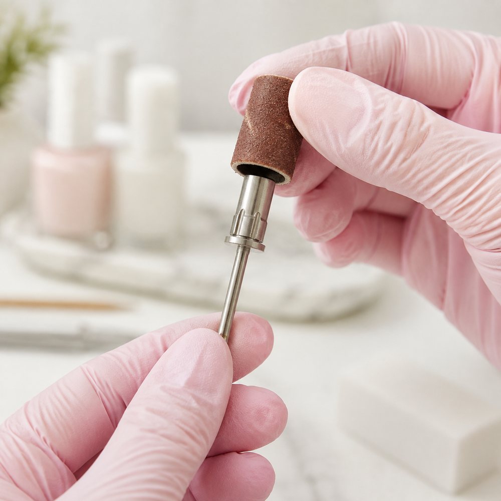 Nail technician fitting a sanding band onto an ACOS Bit004 mandrel