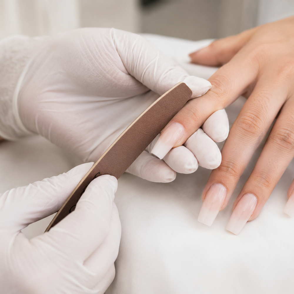 Professional nail technician shaping an acrylic enhancement with an ACOS nail file