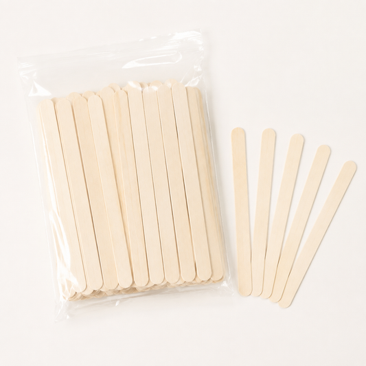 AMR 100-pack pale wooden paddle pop sticks in a clear bag with five sticks fanned beside it