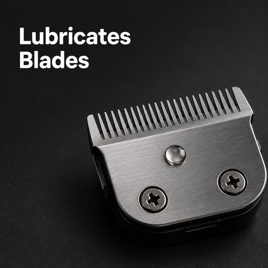 Clipper oil benefit graphic with clean blade and "Lubricates Blades"