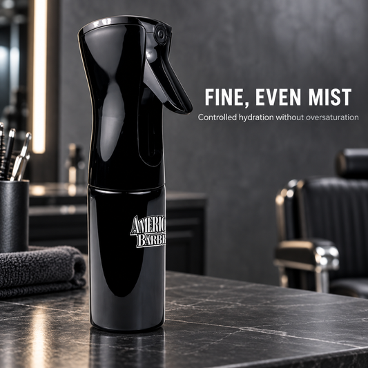 American Barber Mist Spray Master with text: fine, even mist, controlled hydration without oversaturation