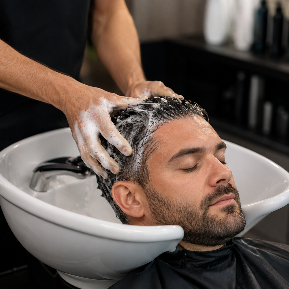 Stylist shampooing an adult man's hair with lather at a salon basin