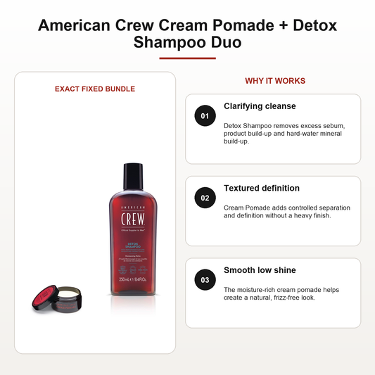 American Crew Cream Pomade + Detox Shampoo Duo benefits: Clarifying cleanse, Textured definition, Smooth low shine